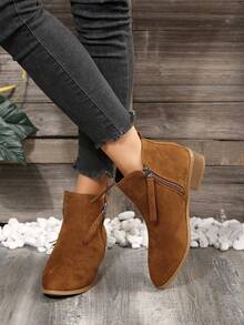 秋冬女士时尚踝靴，中跟靴，双拉链设计 - 棕色 - 查看 5