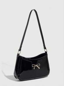 女士时尚优雅新月形腋下单肩包，休闲风格，亮漆黑色纯色腋下钱包，通勤百搭，蝴蝶金属装饰 - 黑色 - 查看 2