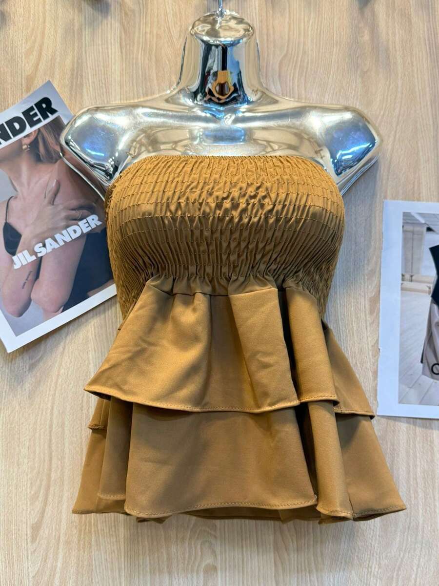 Cropped Elastic Blouse With Ruffle - Brown - View 1