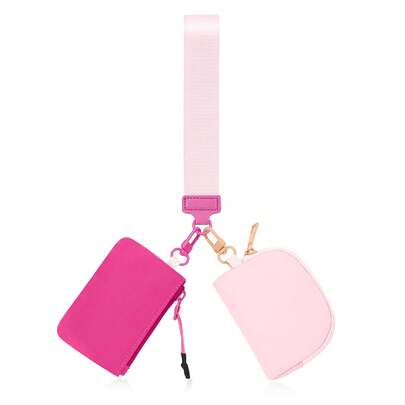 Mini Zipper Wrist Coin Purse Keychain Wallet - Detachable Dual-Layer Hot Pink & Light Pink Wallet | Soft Fabric, Wide Woven Wrist Strap, Rose Gold Hardware, Card Slots & Dual Pouch For Keys/Coins/Cash/Cards | Ideal For Women's Daily Use, Outdoor Travel & Sports