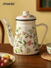 1pc搪瓷水壶画花瓶1.2升大容量水壶咖啡壶窄口油壶煮茶壶家用煮茶壶茶壶适用于电炉燃气泡茶煮咖啡 - 搪瓷茶壺 - 查看 3