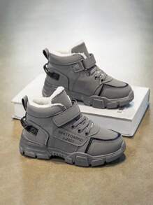 1 Pair Kids Winter Plush Lined Waterproof Snow Boots, Leather Surface, Hook And Loop Letter, Anti-Slip, Wear-Resistant High-Top Winter Shoes, Boys & Girls Winter Casual Letter Print Hook And Loop Plush Anti-Slip Snow Boots - Grey - View 2