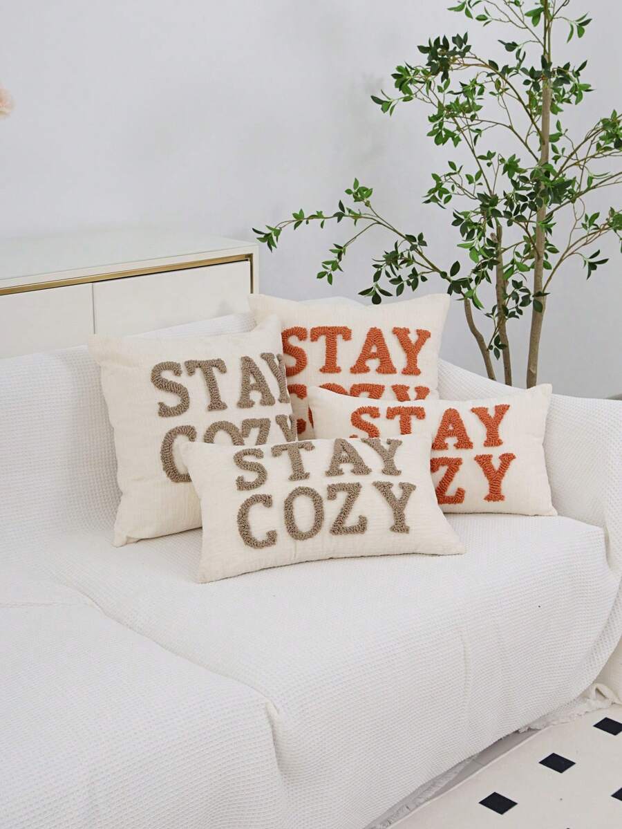 1pc/2pcs "STAYCOZY" Letter Phrase Pillow Cover, Double-Sided Chenille Fabric, Nordic Style Flocked Embroidery, Suitable For Bedroom, Living Room, Outdoor Garden, Holiday Party Decoration, Without Pillow Insert, 30*50cm, 45*45cm