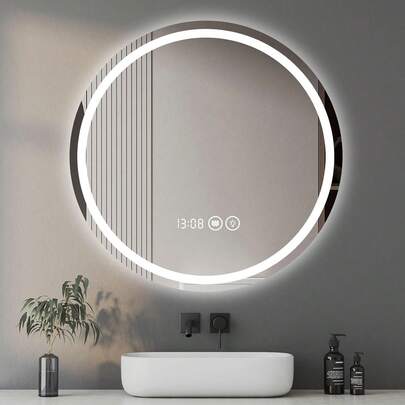 Espejo LED Redondo Para Baño Espejo Visualización del tiempo,Eliminación De Niebla,Temperatura De 3Colores Fría,Cálida,Neutra,3000-6000K,Espejo circular impermeable montado en la pared