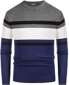 Mens Striped Pullover Sweater Crewneck Contrast Fine Knitted Sweaters - 海軍藍-白色-黑色 - 查看 4