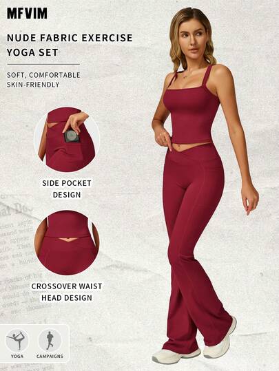 MFVIM 女式樱桃红镂空露背背心和喇叭裤套装 - 高腰紧身瑜伽健身服 | 休闲运动户外装 | 优雅风格