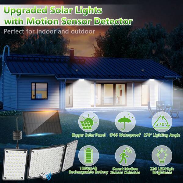 Ultrajasny reflektor solarny do użytku na zewnątrz, 226 jasnych koralików, wodoodporność IP65, instalacja kabla 5 m, wodoodporność IP65, czujnik ruchu, pilot zdalnego sterowania, oświetlenie trójtrybowe, od zmierzchu do nocy, idealny wybór do ogrodzeń basenowych/korytarzy dziedzińców