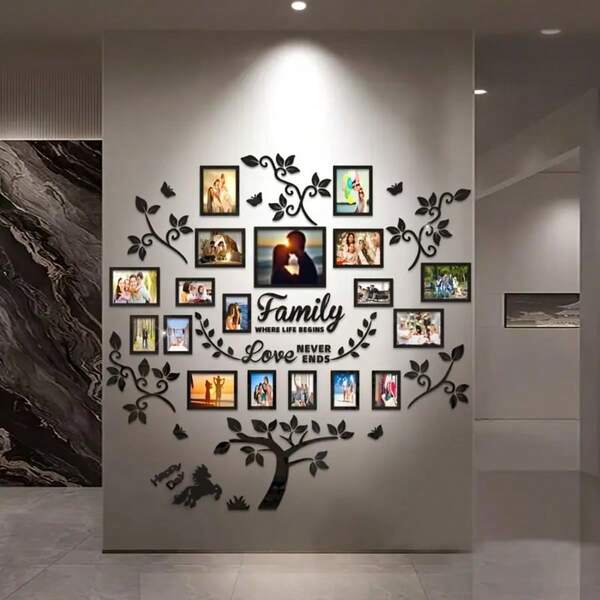 Un conjunto de marco de fotos de árbol genealógico de acrílico. El punto de partida del hogar: ¡el amor por la eternidad! Decoración del hogar de acrílico, fácil de instalar y adecuada para hogares, sala de estar, dormitorio, decoración de habitaciones de estudio, decoración de pared, pegatinas de pared, decoración de sala de estar, pegatinas personalizadas, espejo, espejo de pared, espejo para habitación, decoración de baño