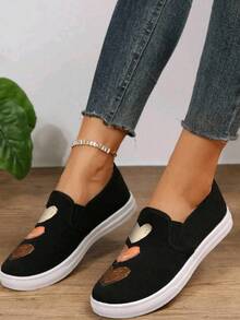 Tenis casuales para mujer, corazones dibujados, punta redonda, sin cordones, suela plana, estilo versátil para uso diario y salidas