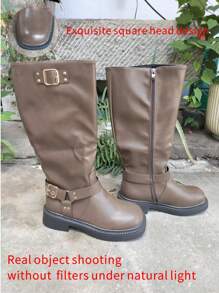 planare Botas de motocicleta de estilo casual con cremallera lateral y hebilla para mujeres, botas occidentales de tacón grueso color marrón moca, calzado de otoño, botas altas para mujeres, botas de goma para invierno, botas por encima de la rodilla, botas hasta la pantorrilla para mujeres que combinan con vestidos negros