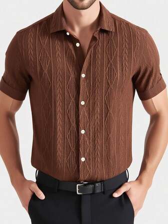 Men's Casual Basic Jacquard Textured Button-Down Short Sleeve Shirt