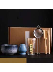 6 件套日本竹制抹茶套装，包括碗、茶勺、茶筅、茶筅架、滤茶器、茶筅，是完美的仪式礼物，也是返校传统装饰