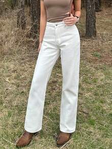 女士中腰直筒白色牛仔裤，休闲简约，修身剪裁，适合日常穿着、街头风和休闲外出。 - 白色 - 查看 3