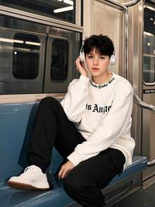 2pcs/Set Teenage Boys' Los Angeles Letter Print Sweatshirt And Sweatpants Suit, Casual Fashion Outfit For Spring, Autumn & Winter