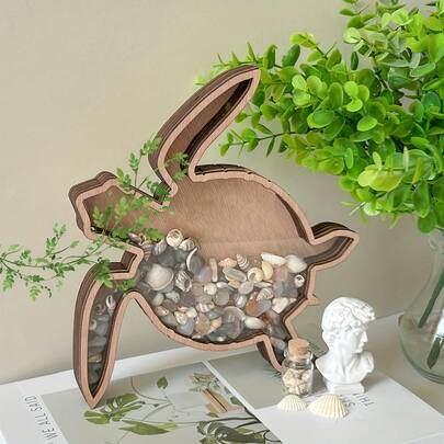 1 件海龟桌面展示架海洋主题装饰首饰收纳架木制透明存钱罐海龟展示盒创意木制桌面展示架贝壳硬币收纳盒适合婴儿女孩男孩儿童