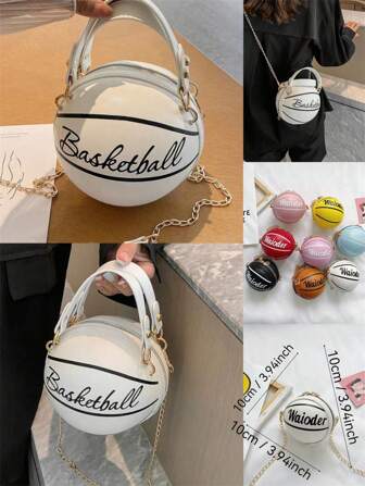 女士单肩包、新奇包包、篮球形状链条包迷你字母图形篮球设计圆形包、时尚链条单肩圆形钱包、手提拉链包 女士单肩包、新奇包包篮球形状链条包迷你字母图形篮球设计圆形包、时尚链条单肩圆形包、手提拉链包篮球手提包小圆包 BasketbalBag 字母印花单肩包款式随机发货