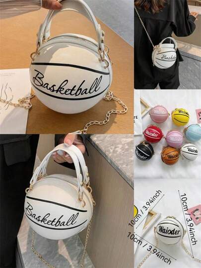 Women's Shoulder Bag, Novelty Bag, Basketball Shaped Chain Bag Mini Letter Graphic Basketball Design Circle Bag, Fashion Chain Shoulder Round Purse, Hand Zipper Ba Women' Shoulder Bag Novelty Bag Basketball Shaped Chain Bag Mini Letter Graphic Basketball Design Circle Bag, Fashion Chain Shoulder Round Bag, Hand Zipper Bag Basketball Handbag Small Round Bag BasketbalBag Letter Printing Shoulder Bag Styles Shipped Randomly