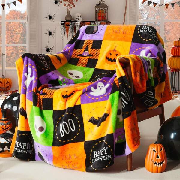 1pc Halloween Color-Block Checkered Design Flannel Blanket, Infused With Pumpkins, Ghosts, Bats, Skeletons, And Magic Cauldrons Throw Blankets, Blanket For Bed, Tapestry, Suitable For Home Decor, Bedroom Decor, Fall Decor,Room Decoration Stuff, Living Room Decor, Picnic Blanket, Best Friend Gifts, Bed,Halloween Decor