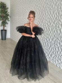 Tween Girl Black Wednesday Series Halloween Costume Party Dress, Puff Sleeve Flower Girl Formal Dress, Elegant Princess Dress For Girls, Suitable For Children Birthday Party, Wedding, Prom, Holiday Occasions - 黑色 - 查看 4
