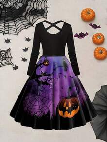 Halloween Vintage Elegant Party Cross Dress, Pumpkin Skull Spider Web Print Round Neck High Waist Patchwork Long Sleeve Maxi Dress With Ribbon