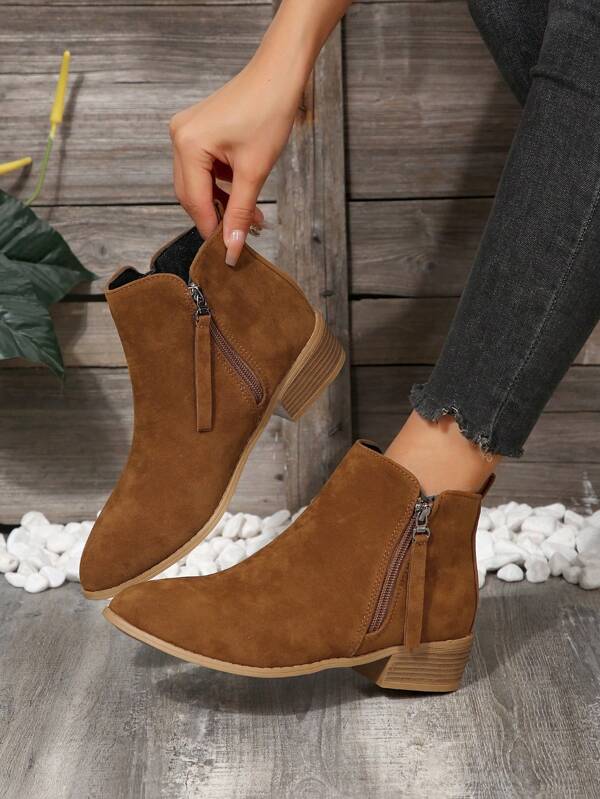 Botas de tobillo de moda para mujer, botas de tacón medio con diseño de doble cremallera