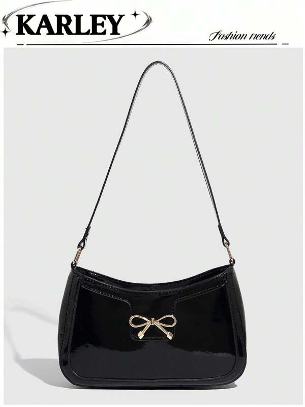 Women's Fashionable & Elegant Crescent Underarm Shoulder Bag, Casual Style, Glossy Black Lacquer Solid Color Underarm Bag, Versatile For Commuting, Bowknot Metal Decor