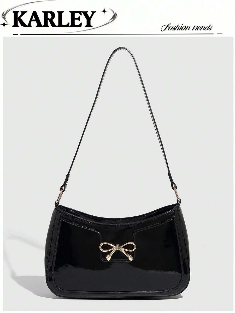 女士时尚优雅新月形腋下单肩包，休闲风格，亮漆黑色纯色腋下钱包，通勤百搭，蝴蝶金属装饰 - 黑色 - 查看 1