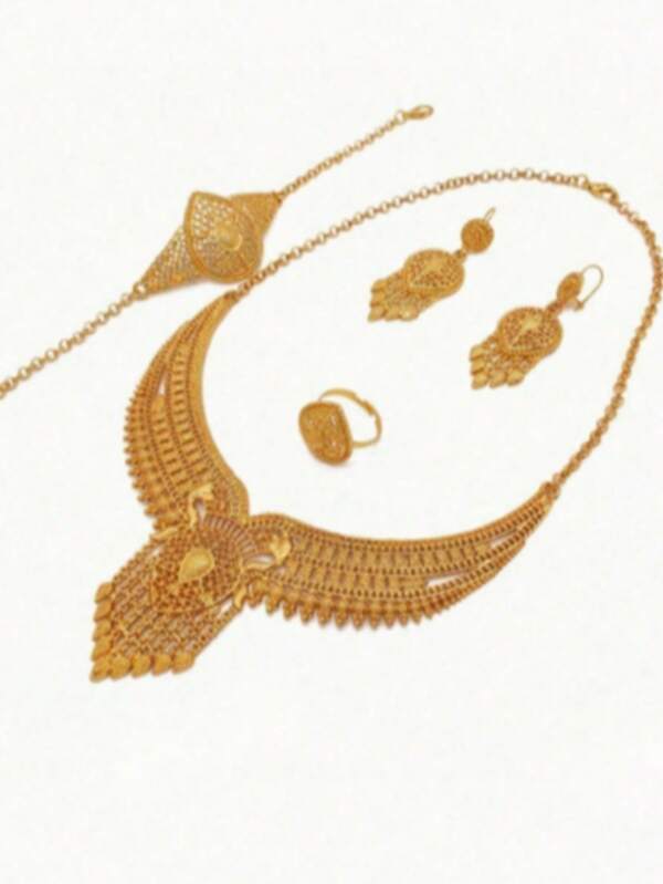5pcs Middle Eastern Style Jewelry Set: Necklace, Earrings, Ring, Bracelet, Bridal Jewelry Set