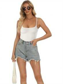 Women Sexy Spaghetti Strap Square Neck Thong Bodysuit Backless Camisoles Halter Tank Top - 白色 - 查看 6