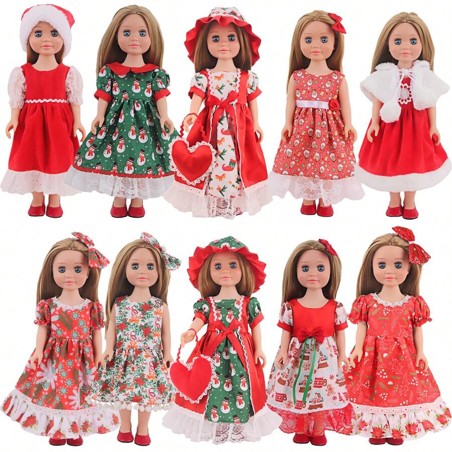 MSYO 18-Zoll American Girl Puppe Weihnachtsserie Kleiderset, inklusive Glockenärmel Weihnachtskleid, Weihnachts-Spitzenkleid, Haarclip, Schal, Puppenoutfit mit Winterweihnachtsblumen, ohne Puppe und Schuhe, tolles Geschenk zu Geburtstag, Feiertagen, Halloween für kleine Mädchen oder Freundinnen