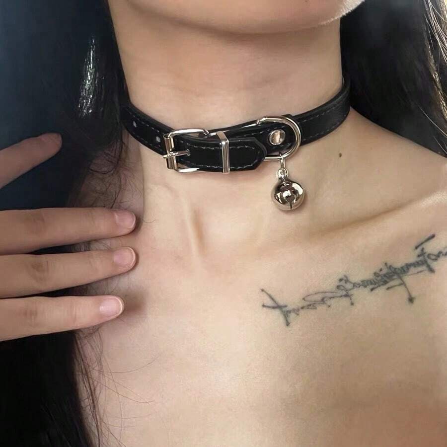1pcs Halloween Dark Sweet Cool Spicy Girl Niche Design Choker Leather Bell Choker Versatile Neck Chain For Women - màu đen - Xem 1