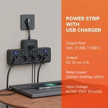 欧规带开关壁装插座，5AC 4USB（1Type-C）接口，最大2500W，适用于家庭、卧室、办公室、客厅等 - 查看 9