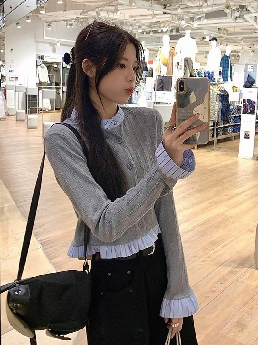 女士早春拼接二合一针织开衫，圆领长袖上衣 - 灰色 - 查看 1