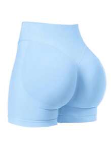 女士高腰无缝瑜伽短裤 - 弹力提臀，适合跑步、健身和户外活动 | 时尚外观 | 弹力面料 - 淺藍色 - 查看 12