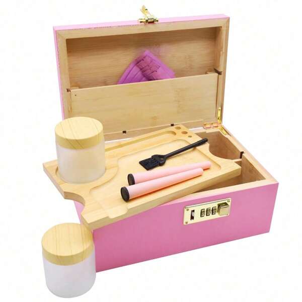 1set Luxury Bamboo Storage Box Set - Luxurious Construction, Removable Tray With Lock, Rolling Tray, 2 Storage Jars, 2 Storage Tubes, 1 Premium Brush - Perfect Household Gadget, Holiday Gift, Birthday Gift, Gift For Friends