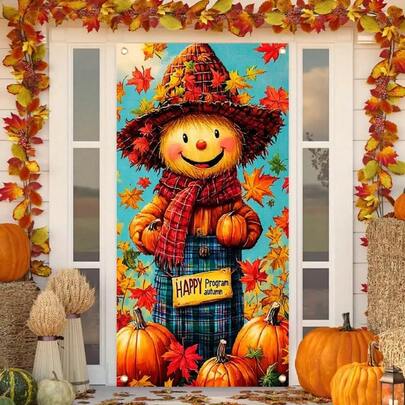 1 Stück Herbst Kürbis Ernte Willkommens Tür Hänge Flagge, Innen-/Außendekoration für Feiertage, mit leicht zu befestigendem Lochring, strapazierfähiges Polyestermaterial, ohne Stromanschluss benötigt