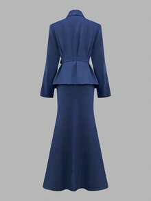 Stylish Women's Two Pieces Outfit With Belted Long Sleeve Blazer And Flowy Maxi Skirt Collared Design Elegant And Casual