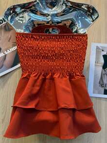 Cropped Elastic Blouse With Ruffle - Red - View 2