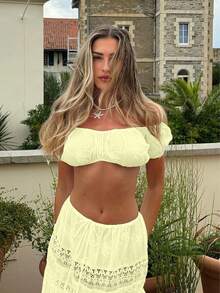 Woman Sheer Tops & Skirts 2 Piece Sets Summer Outfits Solid Color Flattering Tube Top And Drawstring Lace Maxi Sundress - Boho Embroidery For Vacation, Beach Parties & Date Nights - 淡黃色 - 查看 4