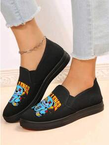 Tenis casuales para mujer, estampado gráfico urbano, punta redonda, sin cordones, suela plana, estilo streetwear para uso diario y salidas