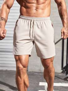 Khaki Casual Shorts Men Drawstring Regular Fit Flat Front Pants, Lightweight Sports Shorts, Running Sweatpants, Perfect Gift For Joggers