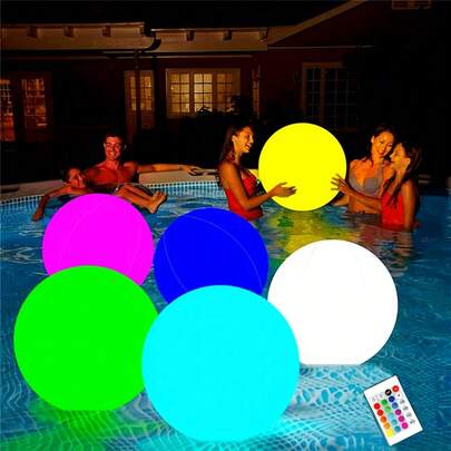 Pelota de playa inflable con 16 colores LED y control remoto - Pelota de goma recargable con iluminación LED para fiestas, bodas y eventos de compromiso, incluye 2 baterías AA, blanco | Decoración con iluminación LED vibrante, IP68 resistente al agua, suministros para fiestas con luces, decoración