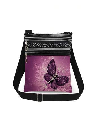 漂亮的紫色蝴蝶图案斜挎包，男女通用可重复使用单肩包，休闲百搭斜挎包，可爱动物印花储物袋，带可调节肩带，方便的单肩包，派对礼物，蝴蝶爱好者的礼物