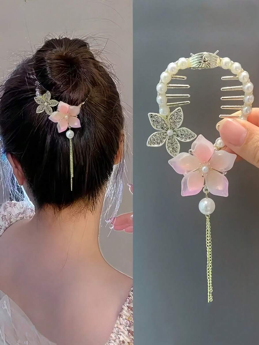 1个花朵仿珍珠水钻蝴蝶结流苏优雅发爪夹，时尚发夹，适合日常佩戴，爪夹，发夹，发卡，发卡，花朵，适合女士度假装扮，蝴蝶结，可爱，适合派对造型，头部配饰，女士发饰 - 粉色 - 查看 1