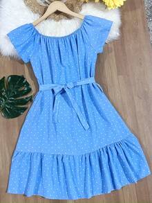 Floral Polka Dots With Belt Ruffle Hem Beach Women's Fashion - Baby Blue - View 3