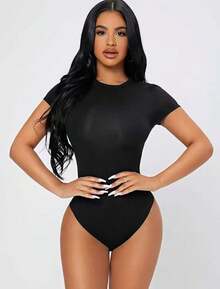 Short Sleeve Summer Ribbed Leotard Bodysuit Fashion Blogger - màu đen - Xem 1