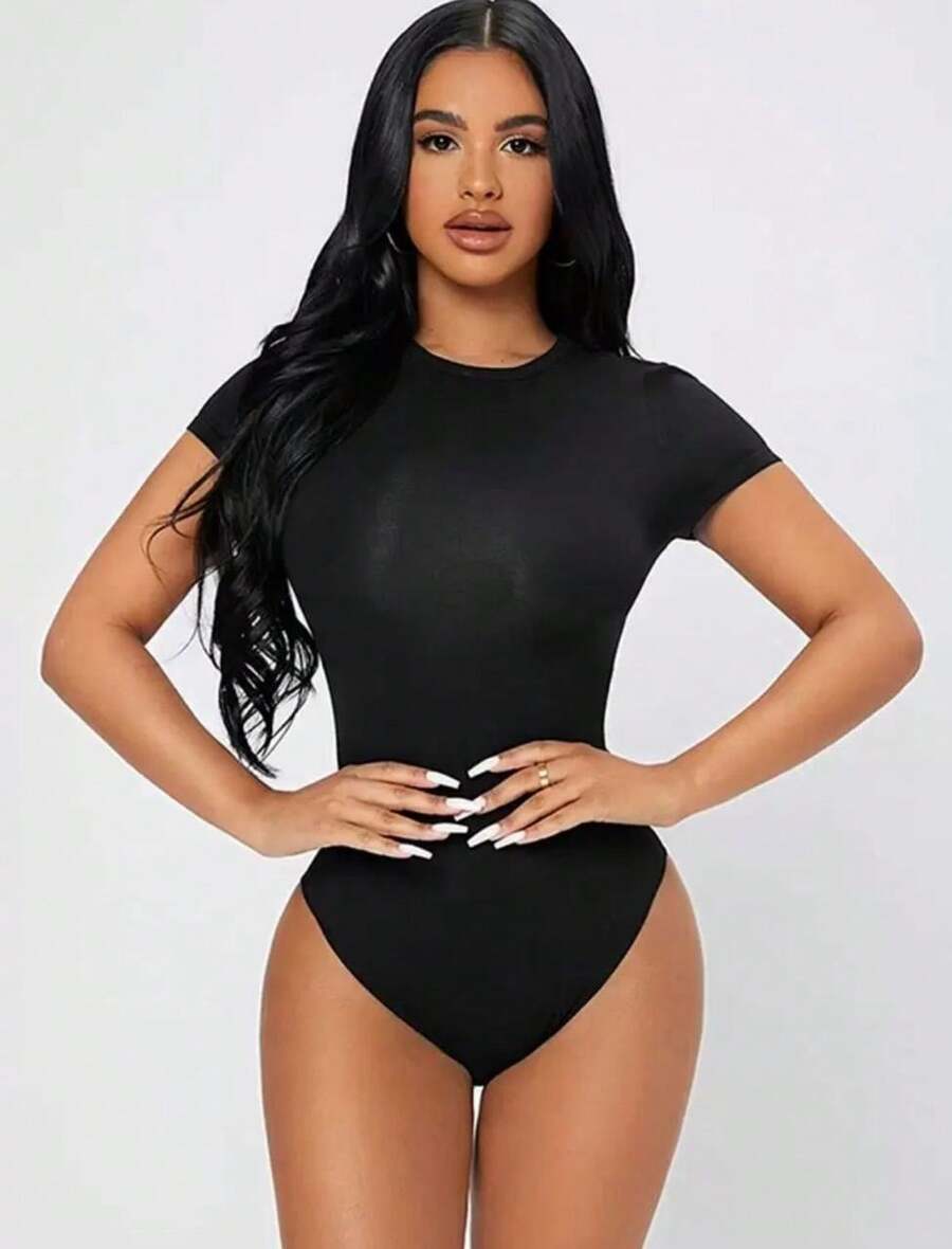 Short Sleeve Summer Ribbed Leotard Bodysuit Fashion Blogger - màu đen - Xem 1