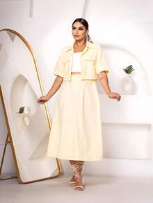 Conjunto Feminino Linho 2 Peças Saia E Blusa Premium  Simples    elegante  Casual    Botões na frente  Bolso    Escritório - Amarelo - Visão 2