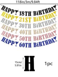 1pc HAPPY BIRTHDAY Pull Flag, 18/21/30/40/50/60 Black/Gold/Silver/Rose Gold/Champagne Gold/Blue Birthday Party Decoration Pull Flag Banner - Multicolor - View 9