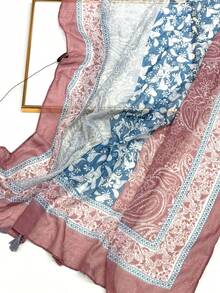 Lenço leve estampado com franjas, design elegante, xale feminino, respirável, para proteção solar na praia, versátil para a cabeça, ideal para primavera/verão. - Rosa Empoeirado - Ver 7